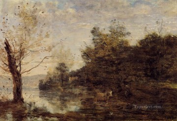 ブルック川の流れ Painting - 水辺の牛飼い ジャン・バティスト・カミーユ・コロー小川